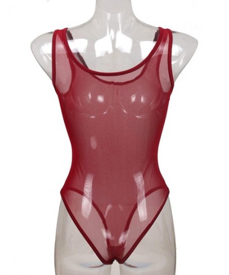 Shapewear Women's Sheer Bodysuits Sleeveless One Piece Lingerie See Through Mesh Jumpsuit Tops - Wine Red - CU18WX6O639