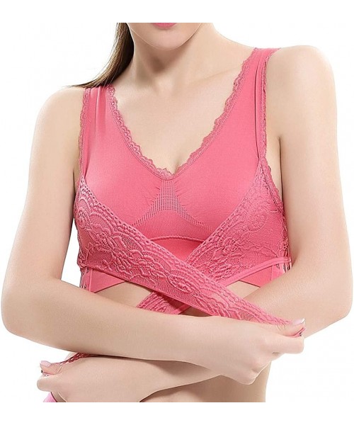 Bras Women Plain Color Front Cross Side Lace Sports Bra Full Cup Bra Vest Tops(1 PC) - Pink - CW192E2H590
