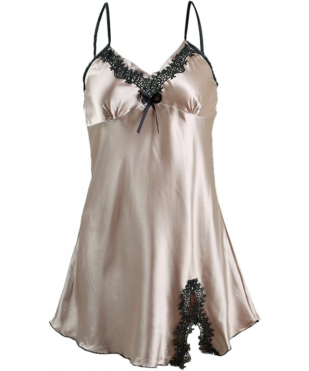 Nightgowns & Sleepshirts Women Sexy Satin Lace Trim Sleepwear Nightgown Pajama Slip Dress - Champagne-floral - CB18652L8CI