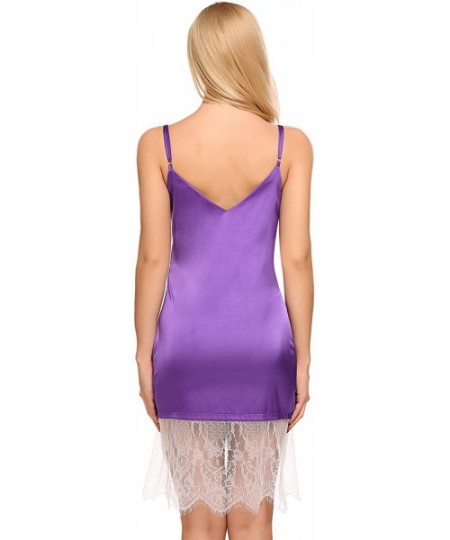 Slips Women's Lingerie Satin Sleepwear Chemise Nightgown Full Slips Lace Babydoll Dress - Purple - CG192TT3OGH