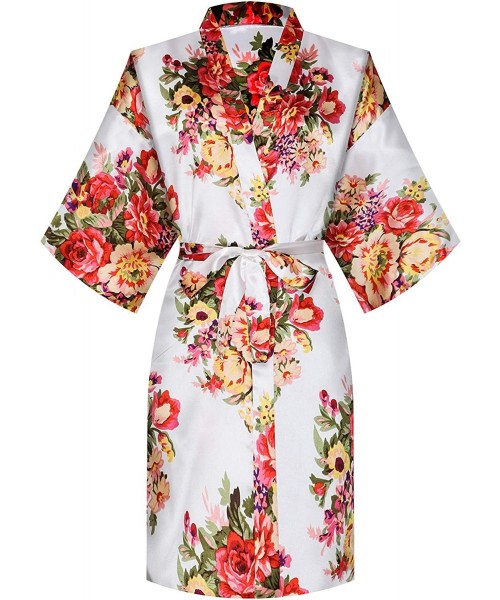 Robes Women Bride Bridesmaid Silky Satin Floral Kimono Robe Sleepwear for Wedding Party Getting Ready- Short - White - CW18R2...