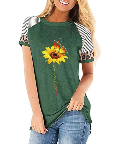 Nightgowns & Sleepshirts Women's Sunflower Leopard Patchwork Short Sleeve O-Neck Print Casual Top T-Shirt - E-green - CM197M8...