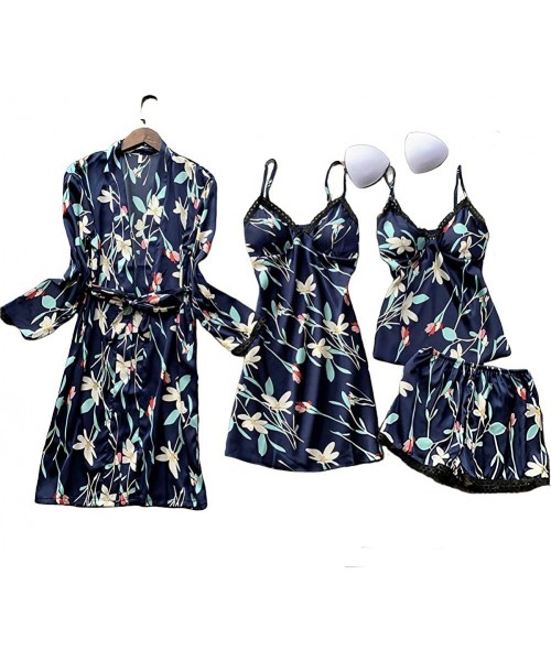 Sets Women's 4pcs Silk Satin Pajama Set Cami Top Nightgown Lace Sleepwear Robe Sets Sexy Nightdress with Chest Pads - Navyblu...