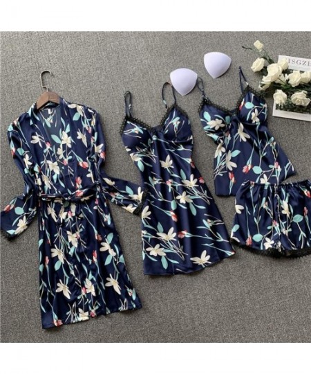 Sets Women's 4pcs Silk Satin Pajama Set Cami Top Nightgown Lace Sleepwear Robe Sets Sexy Nightdress with Chest Pads - Navyblu...