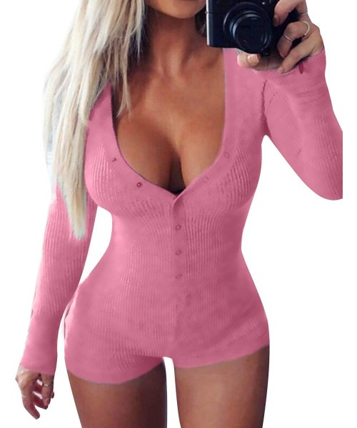 Shapewear Pajamas for Women Sexy Onesies Lingerie Short Sleeves Bodysuit Deep V Neck Bodycon Outfit Rompers Overall - Pink-lo...