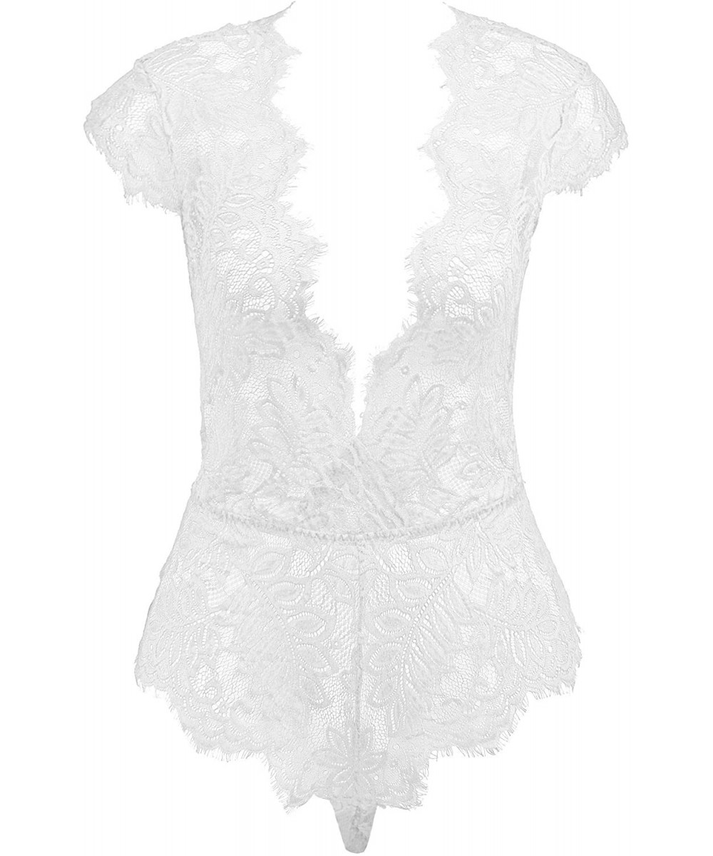 Baby Dolls & Chemises Womens Eyelash Lace Teddy Sexy Plunging One Piece Lingerie Small-3xl - Snapcrotch_white - CQ18QXD278M