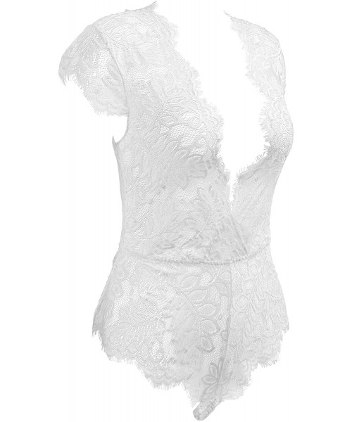 Baby Dolls & Chemises Womens Eyelash Lace Teddy Sexy Plunging One Piece Lingerie Small-3xl - Snapcrotch_white - CQ18QXD278M