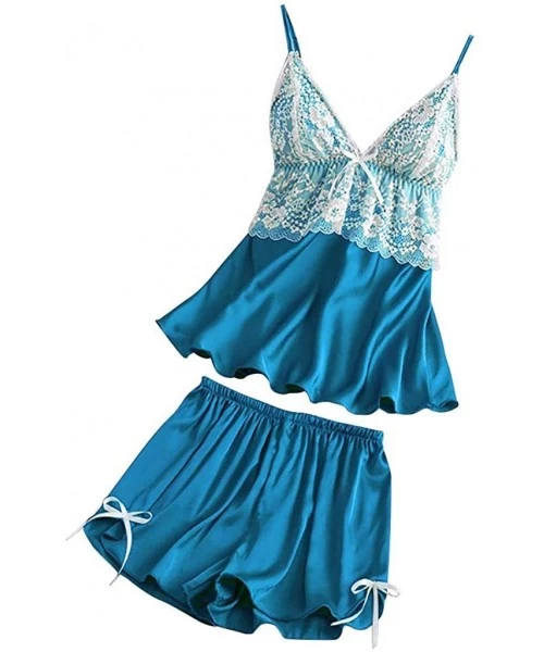 Sets Women Sleepwear Satin Pajamas Set Lace Cami Bowknot Shorts Silky Nightwear Loose Tunic PJ Plus Size - Blue - CB1948473Q3