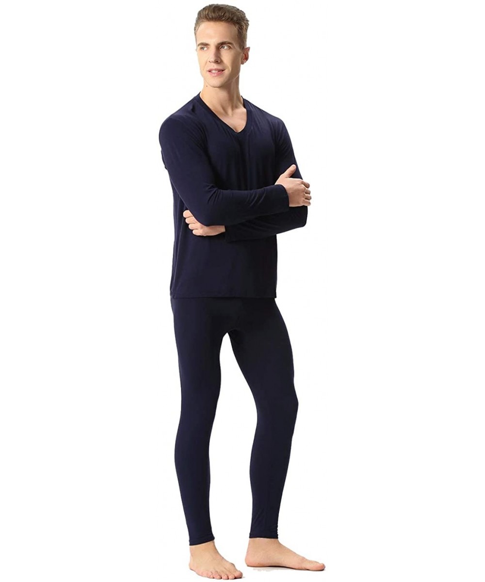 Thermal Underwear Men's V-Neck Thermal Underwear Set Long Johns Set Base Layer Top & Bottom - Dark Blue - C418AY4E92D