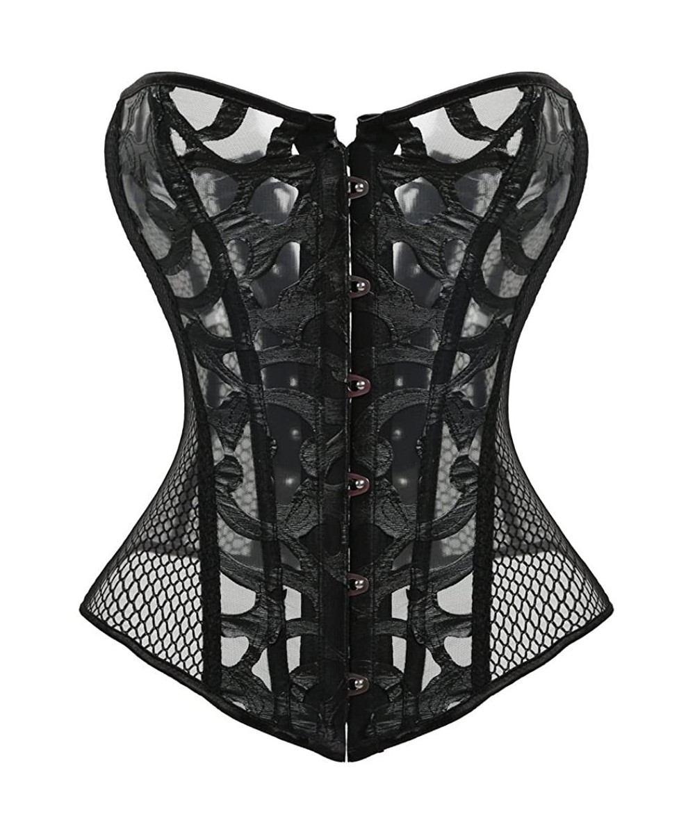Bustiers & Corsets Sexy Lace Corset Steel Boned Vintage Gothic Punk Mesh Overbust Corset with Thong - Black - C512MEINONR