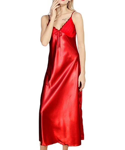 Nightgowns & Sleepshirts Women's Sexy Satin Long Nightgown Lace Slip Lingerie Chemise Robes - Red - CS18Z8YAG49
