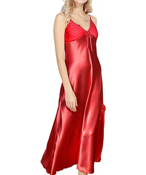 Nightgowns & Sleepshirts Women's Sexy Satin Long Nightgown Lace Slip Lingerie Chemise Robes - Red - CS18Z8YAG49