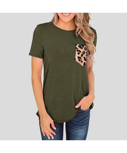 Nightgowns & Sleepshirts Womens Short Sleeves Casual Loose V Neck T Shirts Basic Tops Leopard and Sequin Pocket - Army Green ...