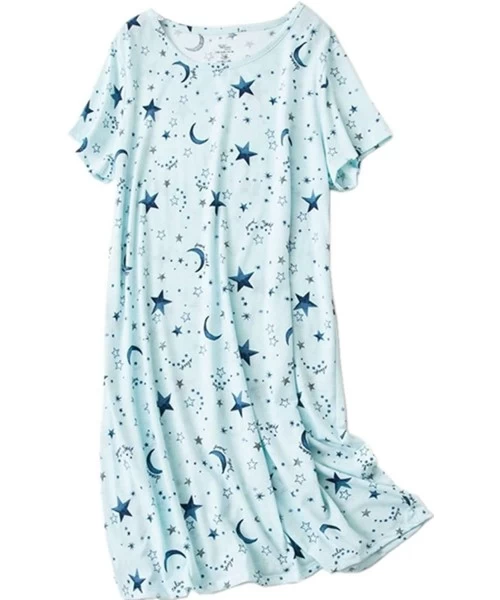 Nightgowns & Sleepshirts Women's Cotton Nightgown Sleepwear Short Sleeves Shirt Casual Print Sleepdress - Blue Star - C418SEQ...