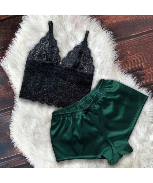 Sets Women Lace Sexy Pajamas Set Lace Cami Top with Shorts Panties 2 Piece Set Sexy Lingerie Sleepwear Nightwear Green - CO19...