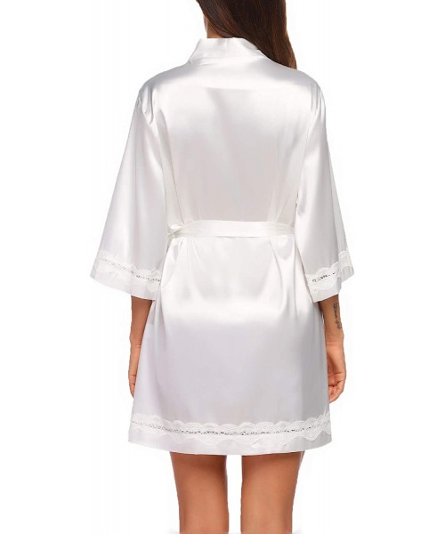 Robes Women's Lace-Trim Kimono Style Short Satin Robe Sleepwear with 3/4 Sleeve - White - CX18AW3Z6NZ
