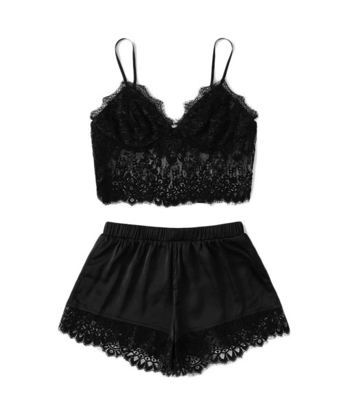 Sets 2pcs Womens Plus Size Sleepwear Lingerie Set Lace Nightwear Cami Panty Set (Black- M) - Black - CA19520Q2O5