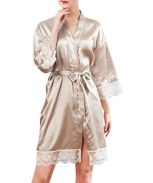 Robes Women's Satin Robes Pure Color Long Kimono Bathrobes Soft Nightgown with Lace Sleeve - Khaki 09 - CH193WDR32T