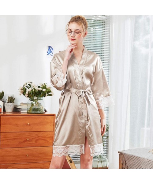 Robes Women's Satin Robes Pure Color Long Kimono Bathrobes Soft Nightgown with Lace Sleeve - Khaki 09 - CH193WDR32T