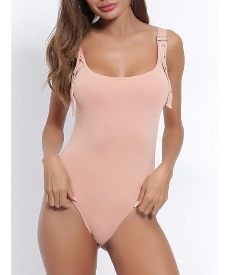 Shapewear Women's Sexy Sleeveless Square Neck Tank Top Metal Button Bodysuit - Pink - C218SH0TLCI