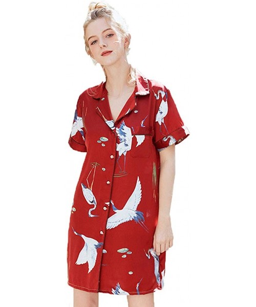 Nightgowns & Sleepshirts 2019 Womens White Crane Print Sleepshirts- Summer Lapel Button Home Nightgown - Wine - CS18YCC783O