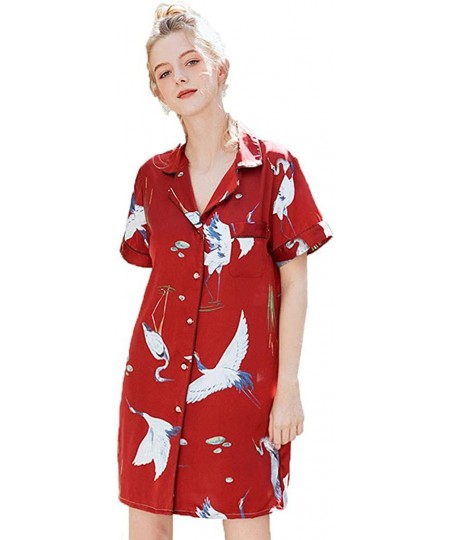 Nightgowns & Sleepshirts 2019 Womens White Crane Print Sleepshirts- Summer Lapel Button Home Nightgown - Wine - CS18YCC783O