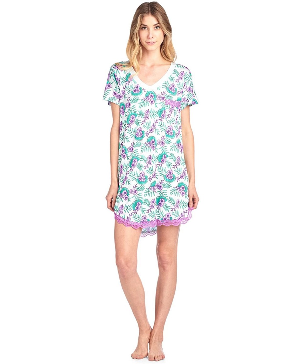 Nightgowns & Sleepshirts Women's Rayon Short Sleeve Nightgown Dorm Sleepshirt - Floral Blue - CP18E3MXG7Y