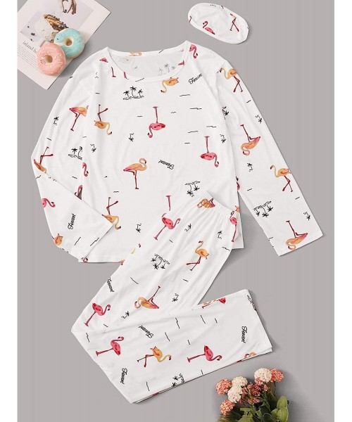 Sets Women's Cartoon Print Short Sleeve Top with Long Pants Two Piece Pajama Sets - White-1 - C4199RAWI54