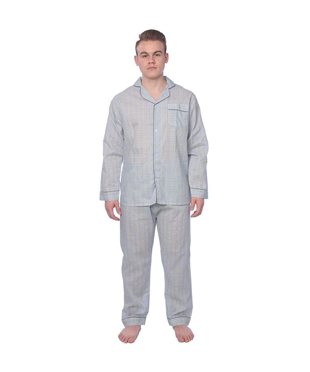 Sleep Sets Men's Plaid Woven Long Sleeve Long Leg Pajama Set - Light Blue Yellow Plaid - CI1827K7SKH
