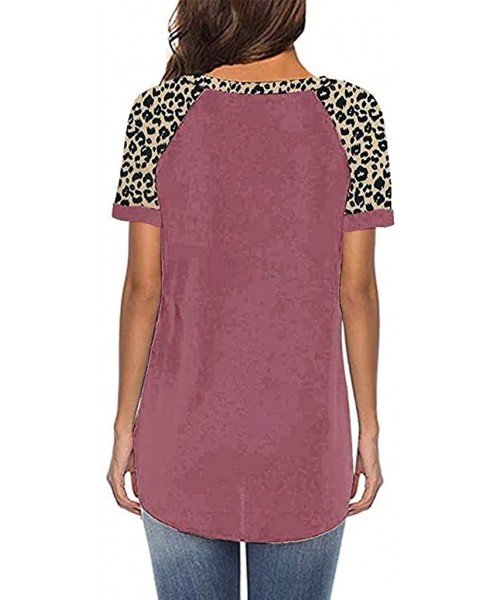 Robes Blouse- Casual Leopard Shirts- Womens Summer Short Sleeve Round Neck Color Block Loose Tunics Tops - Pink - CT197HQ3LOU