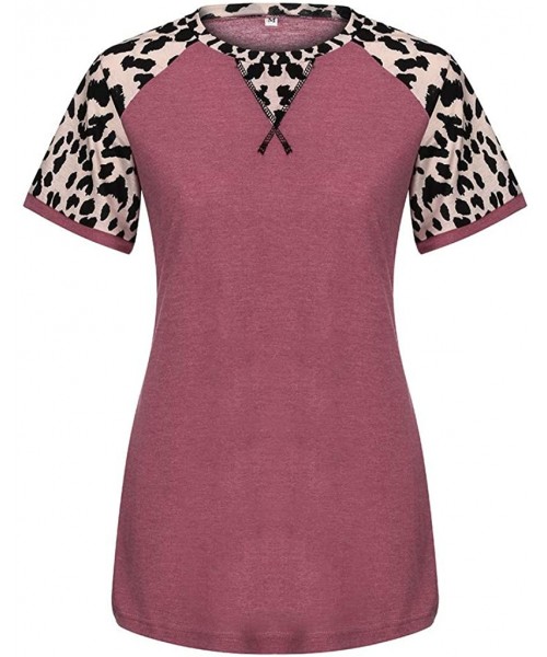 Robes Blouse- Casual Leopard Shirts- Womens Summer Short Sleeve Round Neck Color Block Loose Tunics Tops - Pink - CT197HQ3LOU