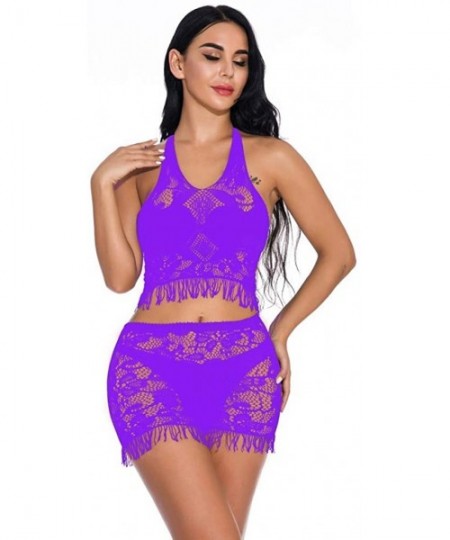 Slips Fashion Women Sexy Lace Lingerie Sleepwear Bodydoll Lace Fringe Suit Nightwear - Purple - CE18XOWW63Y