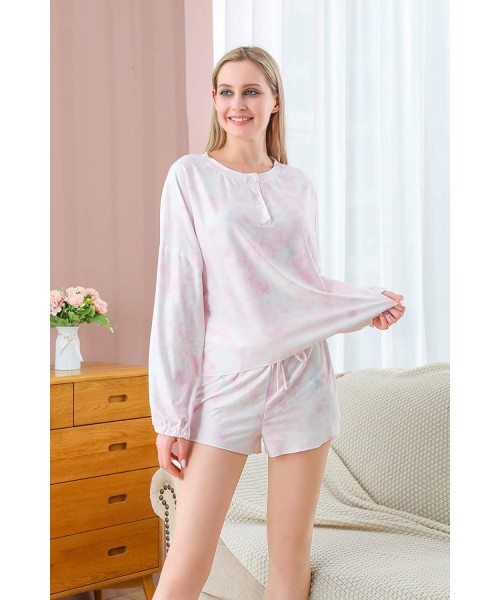 Sets Women Tie Dye Printed Long Sleeve Pajamas Sets Shirt Ruffle Shorts Loungewear Two Piece Short Sleepwear Pink Tie Dye - C...