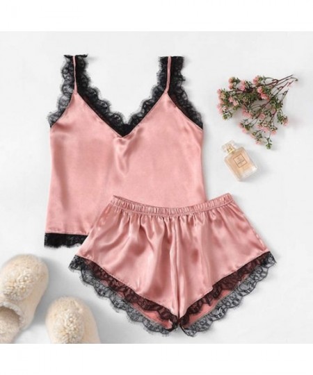 Sets Women's Camisole Lace Splicing Pajamas Summer Casual Solid Sleeveless Taste Suit - J Pink - CR196SGH0UL