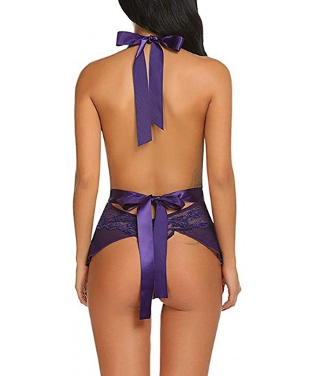 Baby Dolls & Chemises Sexy Women Lace Bowknot Bodysuit Sexy Teddy Lingerie Backless Jumpsuit Underwear - Purple - CY194IZQQSO