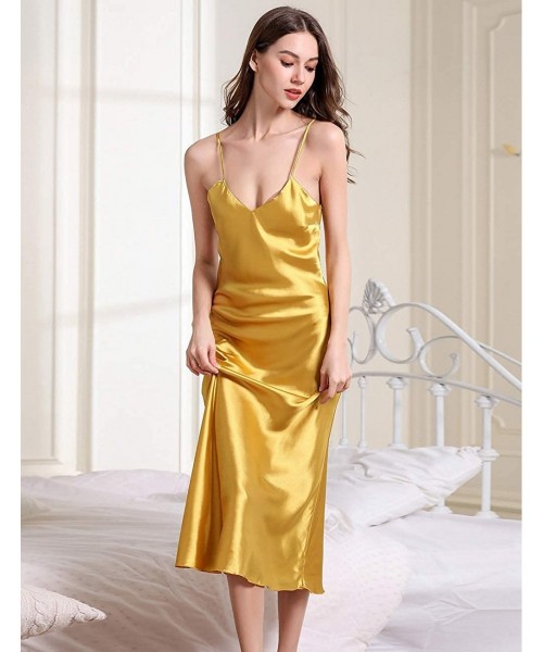 Slips Women's Satin Lingerie Elegant V-Neck Lounge Dress Long Nightgown Spaghetti Strap Chemise Nightdress - A-gold - CB18ZRL...