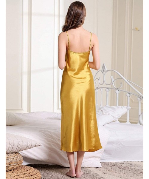 Slips Women's Satin Lingerie Elegant V-Neck Lounge Dress Long Nightgown Spaghetti Strap Chemise Nightdress - A-gold - CB18ZRL...