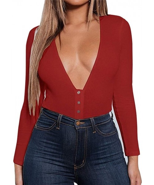 Shapewear Women's Sexy Deep V Button Down Long Sleeve Bodycon Ribbed Bodysuit Tops Leotard - Red - CT18AMTROWZ