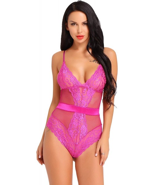 Baby Dolls & Chemises Women Sexy Lingerie Lace Teddy One Piece Mesh Bodysuit - Rose Red - CN18L53YWGU