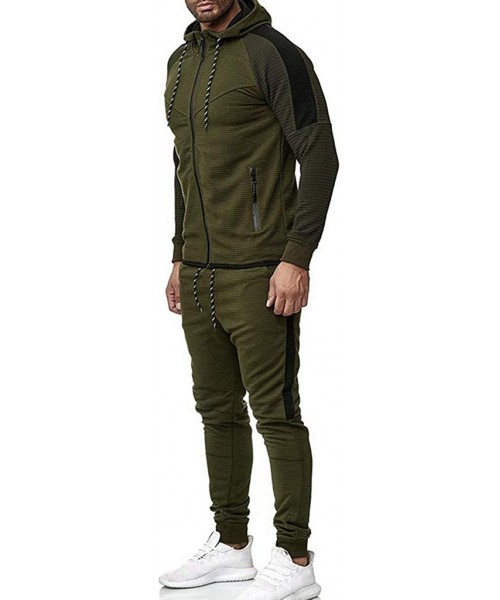 Thermal Underwear Men's Autumn Winter Pocket Sweatshirt Top Pants Sets Sports Suit Tracksuit - Green - CR18Y2KAYGE