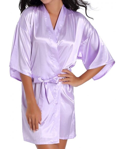 Robes Women Satin Kimono Robe Sexy Pure Color V-Neck Silky Bathrobe Nightgown Sleepwear - Light Purple - C9194TEO5AE