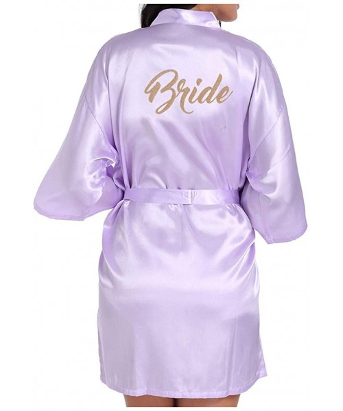 Robes Women Satin Kimono Robe Sexy Pure Color V-Neck Silky Bathrobe Nightgown Sleepwear - Light Purple - C9194TEO5AE