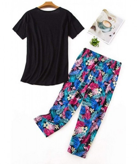 Sets Women Cotton Pajama Sets Sleepwear pjs Short Sleeve Shirt Capri Pants with Cute Vivid Print - Black - CS19CZG6OKN