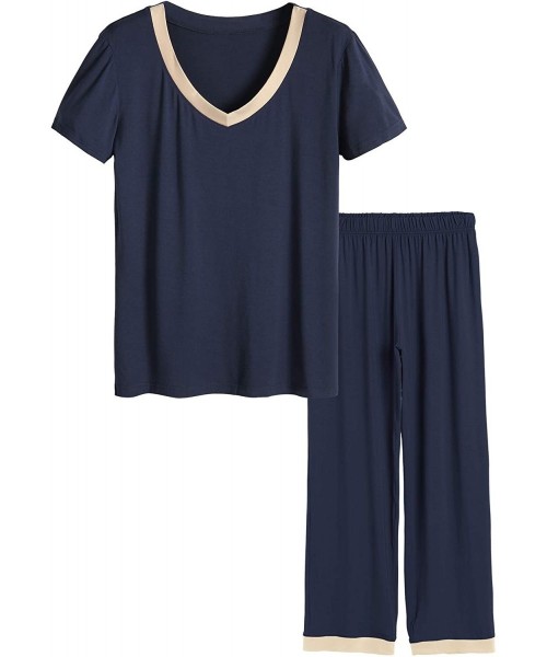 Sets Women's V-neck Sleepwear Short Sleeves Top with Pants Pajama Set - Navy - CU12JEGD1Z3