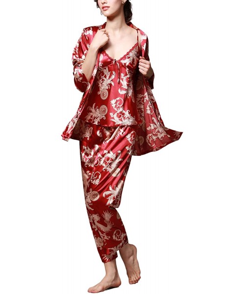 Sets Stain Silk Pajamas for Women Floral Sleepwear 3PC Pajama Set Pjs Cami Pants Long Sleeve Robe with Belt - Wine Red - C519...