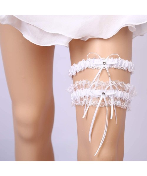Garters & Garter Belts Sexy Rhinestone Lace Wedding Garters for Bride 2 Pcs Party Garter Set - U-white - C718Y9K98XE
