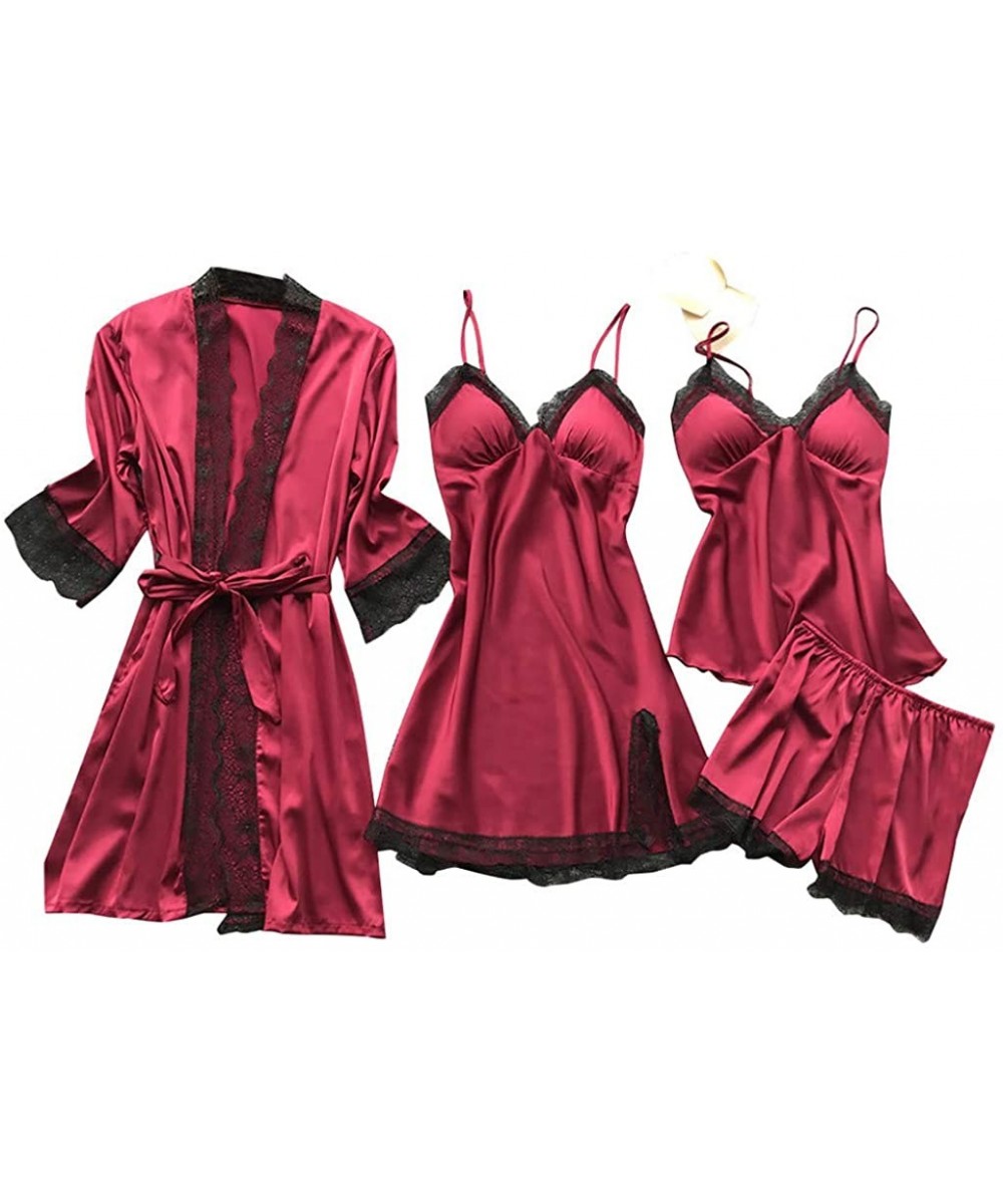 Garters & Garter Belts 4 pcs Lingerie Set for Women Silk Lace Robe Babydoll Teddy Dress Chemises Sleepwear Nightdress Pajamas...