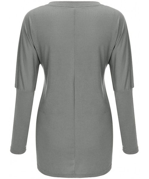 Tops Women Casual O-Neck Printing Pocket Blouse Solid Long Sleeve Patchwork Tops - Gray - CR192E2DYOW