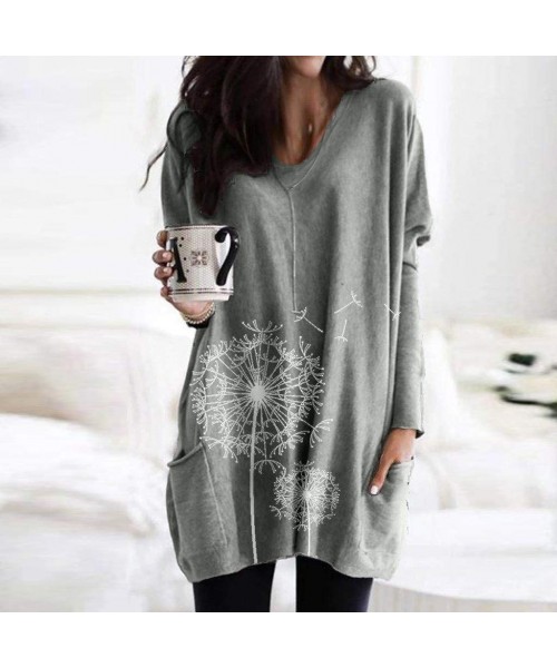 Tops Women Casual O-Neck Printing Pocket Blouse Solid Long Sleeve Patchwork Tops - Gray - CR192E2DYOW