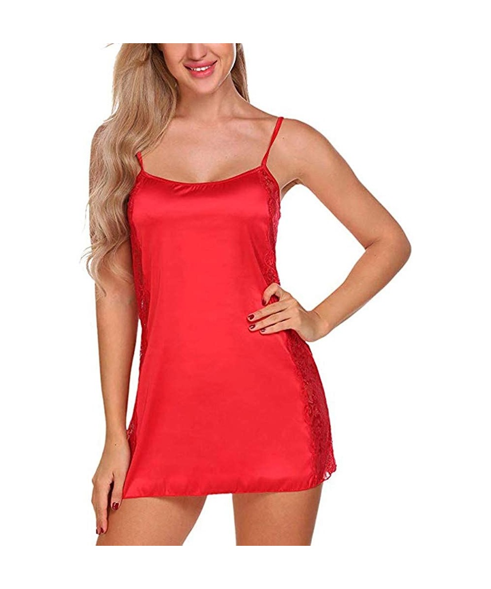 Camisoles & Tanks New Women Solid Color Satin Silk Lingerie Lace Nightwear Sleepwear Pajamas S-3XL - Red - CR194IA5WSX